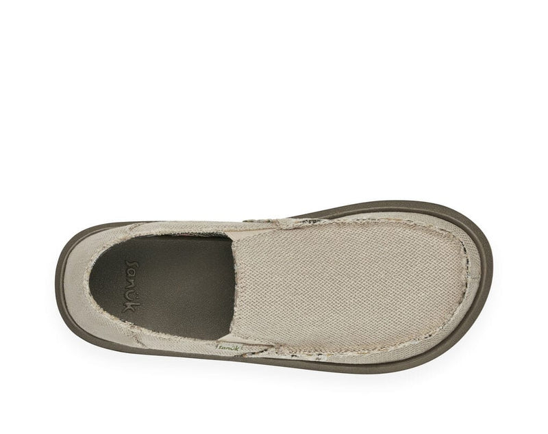 Sanuk Hemp slip-on shoes in natural hemp fabric with frayed edges and cushioned footbed, top view.