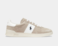 Polo Ralph Lauren Heritage Aera Leather-Suede shoes in beige suede and white leather with logo detail, side view.