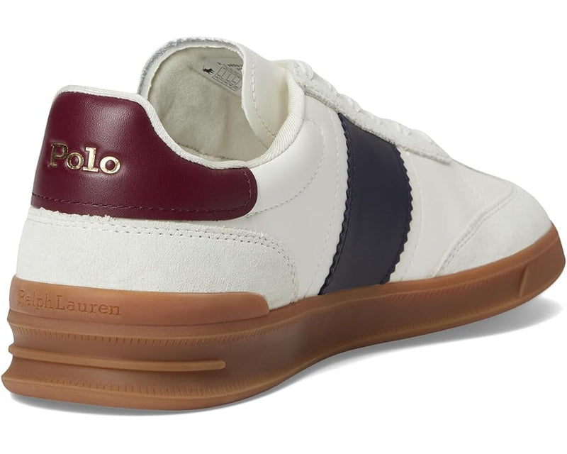 Polo Ralph Lauren Heritage Aera Sneaker back view showing white leather upper, burgundy heel detail with gold "Polo" branding, and gum outsole.