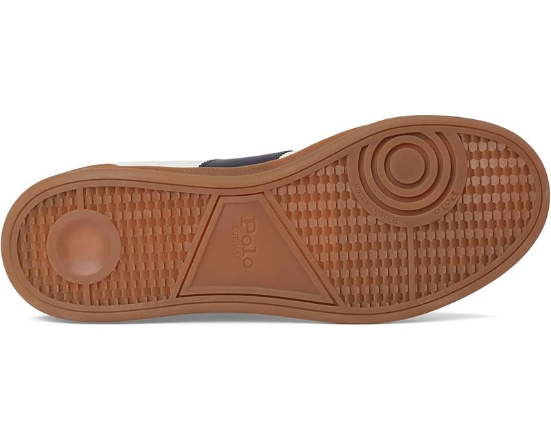 Polo Ralph Lauren Heritage Aera Sneaker outsole in tan rubber with textured tread pattern and embossed logo, sole/bottom view.