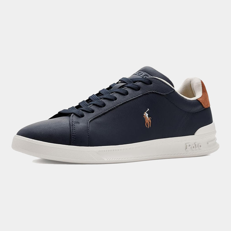 Polo Ralph Lauren Heritage Court II Leather sneakers in navy leather with brown heel accents, embroidered logo, and white sole, side view.