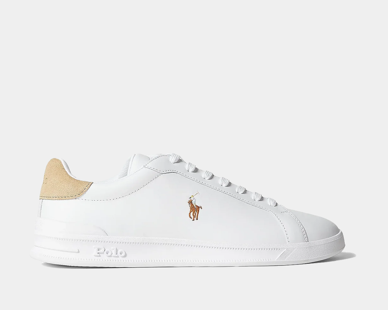 Polo Ralph Lauren Heritage Court II Leather sneakers in white leather with beige suede heel and embroidered logo, side view.