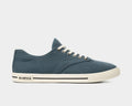 SeaVees Hermosa sneakers in slate blue with a textured canvas upper, white rubber sole with black stripe accents, side view.