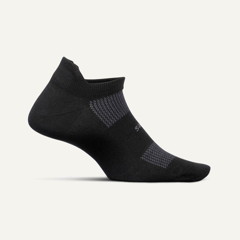 Feetures High Performance Max Cushion No Show Tab socks in black with gray accents and a cushioned tab design, side view.