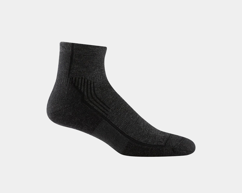 Darn Tough Hiker 1/4 Sock Cushion hiking socks in charcoal gray with lightweight cushioning and seamless construction, side view.