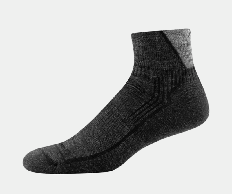 Darn Tough Hiker 1/4 Sock Cushion hiking socks in dark gray with cushioned footbed and ribbed ankle support, side view