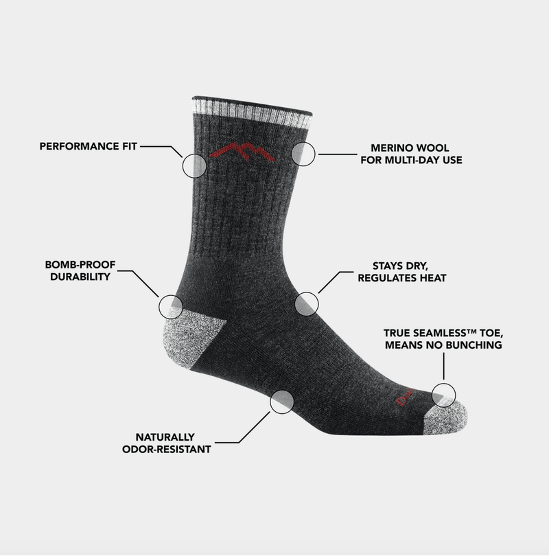 Darn Tough Hiker Micro Crew Cushion socks in charcoal gray with merino wool, seamless toe, and reinforced heel and toe, side view