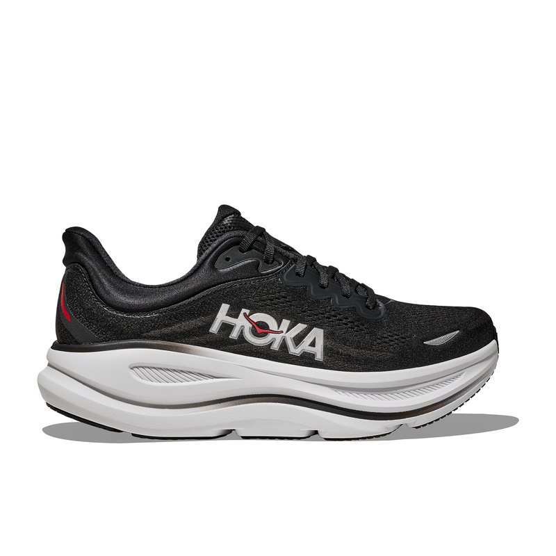 Black running shoe with 'Hoka' branding on a white background