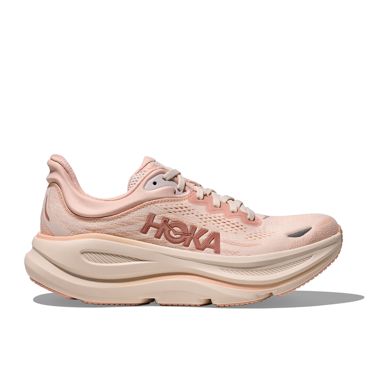 Pink running shoe with 'Hoka' branding on a white background