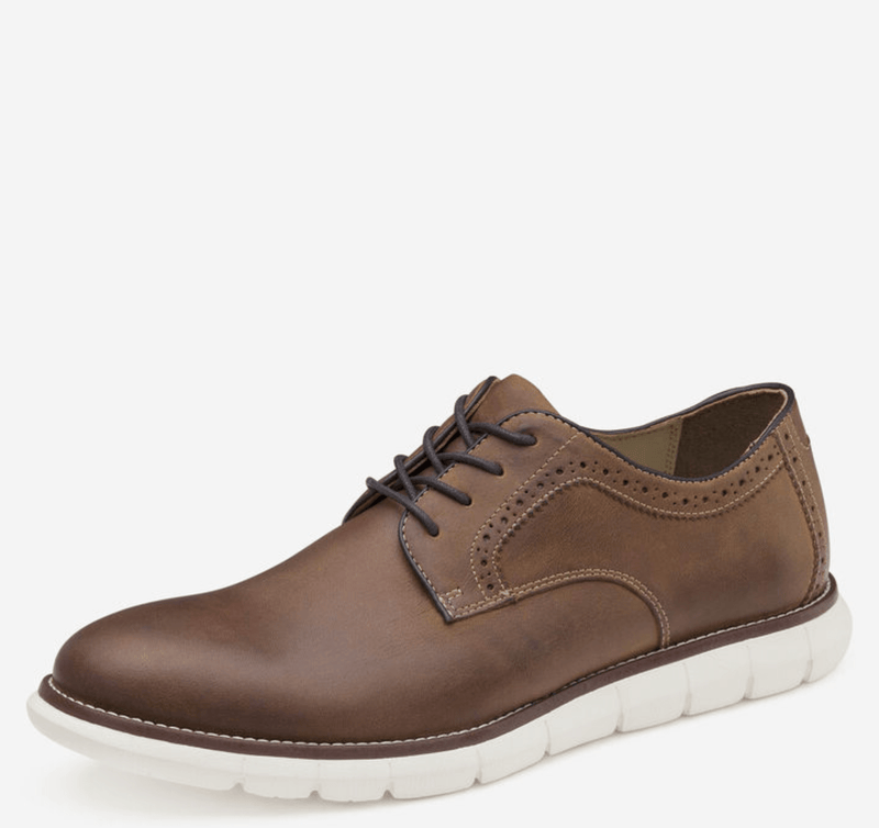 Johnston & Murphy Holden Plain Toe shoes in brown leather with brogue detailing, white sole, and dark laces, side view.