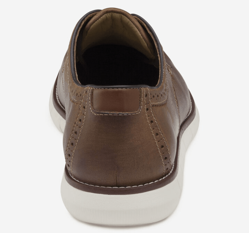 Johnston & Murphy Holden Plain Toe shoes back view featuring brown leather upper, perforated detailing, and white sole.