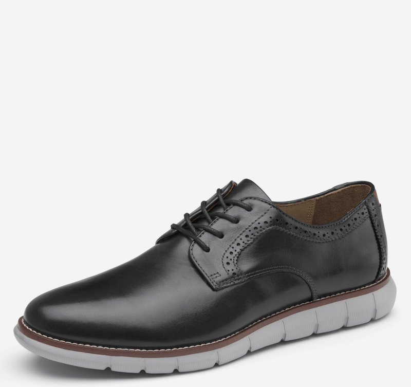 Johnston & Murphy Holden Plain Toe shoes in black leather with brogue detailing and lightweight white and brown sole, side view.