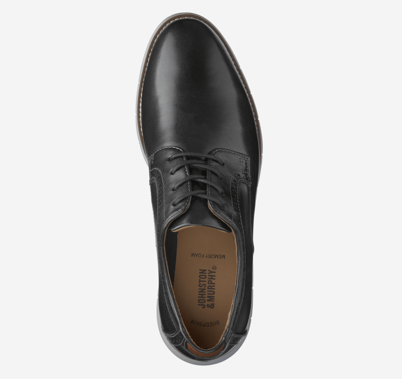 Johnston & Murphy Holden Plain Toe shoes in black leather with memory foam insole, top view of lace-up design.