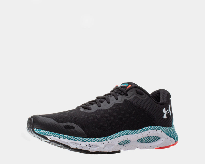 Under Armour HOVR™ Infinite 3 running shoes, black mesh upper with turquoise and white midsole and red outsole accents, side view.