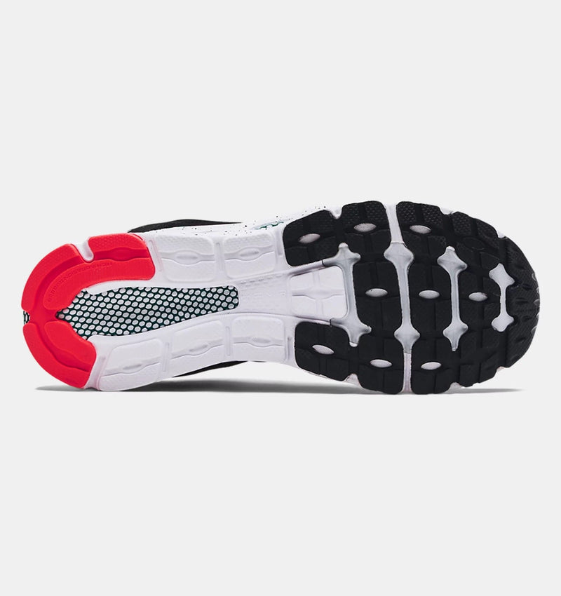 Under Armour HOVR™ Infinite 3 running shoes outsole showing cushioned midsole, durable rubber tread, and red and black accents.