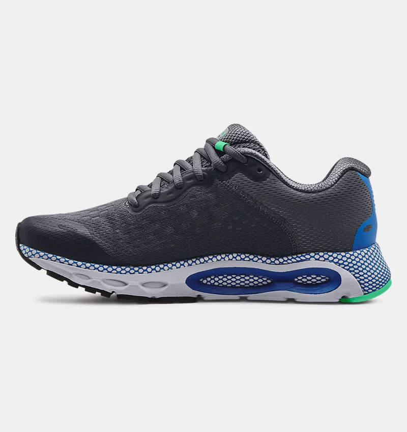 Under Armour HOVR™ Infinite 3 running shoes in gray with mesh upper, blue and green accents, and cushioned midsole, side view.