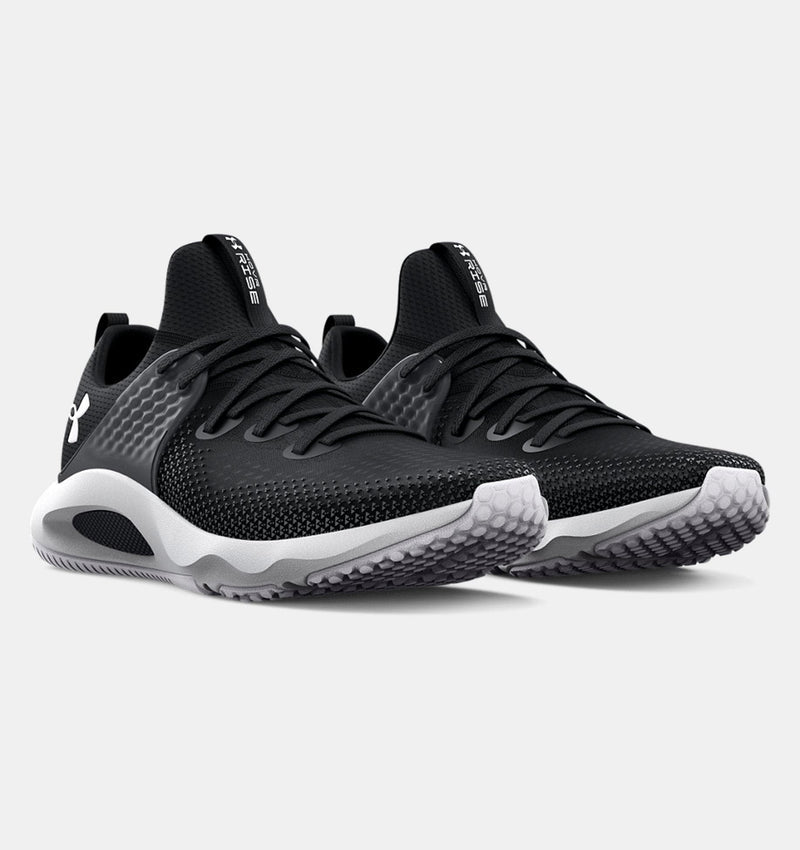 Under Armour HOVR™ Rise 3 training shoes in black with breathable mesh upper, cushioned midsole, and textured outsole, front angled view.