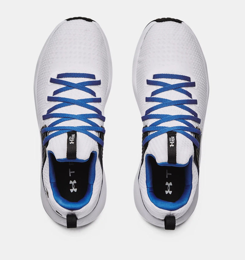 Under Armour HOVR™ Rise 3 training shoes in white with blue laces, breathable mesh upper and padded collar, top view.