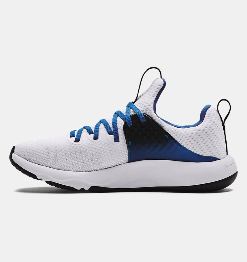 Under Armour HOVR™ Rise 3 training shoes in white with blue accents, breathable mesh upper, and textured sole, side view.