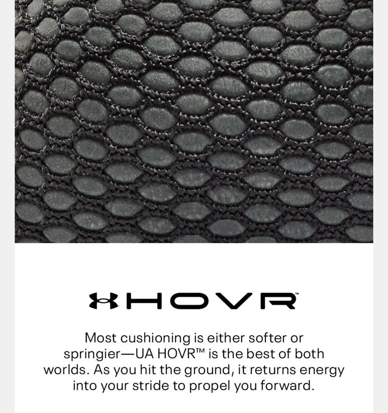 "Under Armour HOVR™ Rise 3 shoes close-up showing textured black mesh upper for breathability and durability"