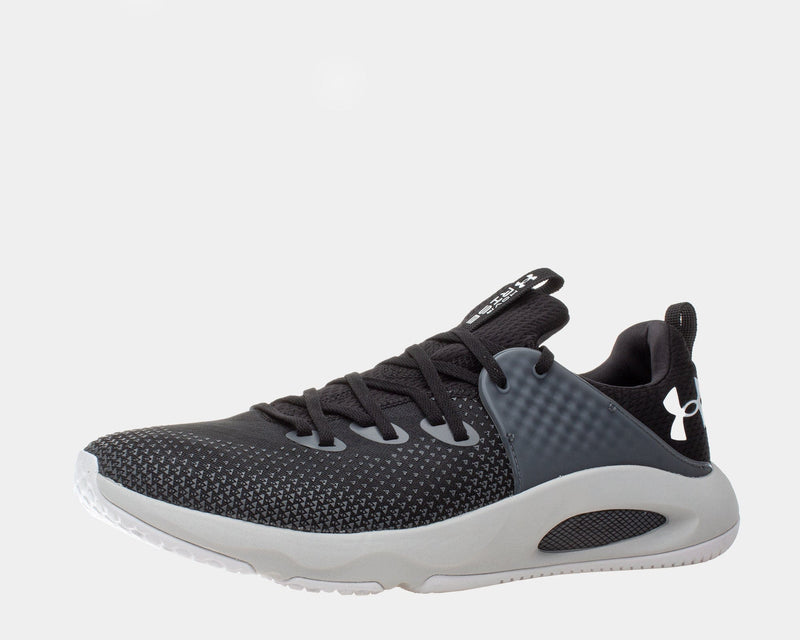 Under Armour HOVR™ Rise 3 training shoes in black with a textured mesh upper, gray midsole, and TPU side panels, side view.