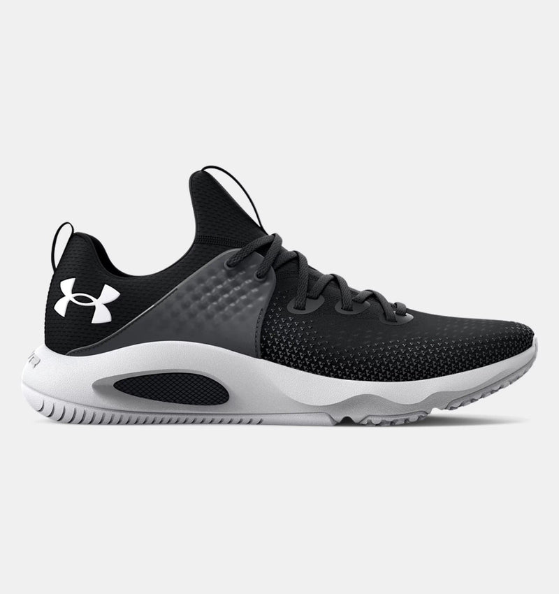 Under Armour HOVR™ Rise 3 training shoes in black with white logo, breathable mesh upper, and cushioned midsole, side view.