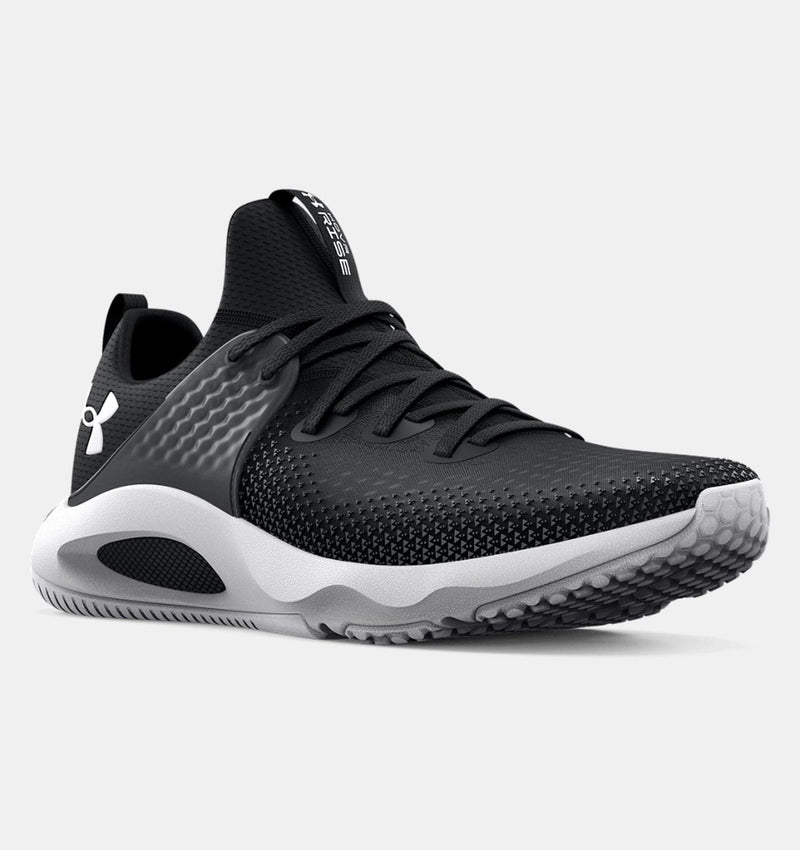 Under Armour HOVR™ Rise 3 training shoes in black with a breathable mesh upper, white midsole, and textured outsole, angled front view.