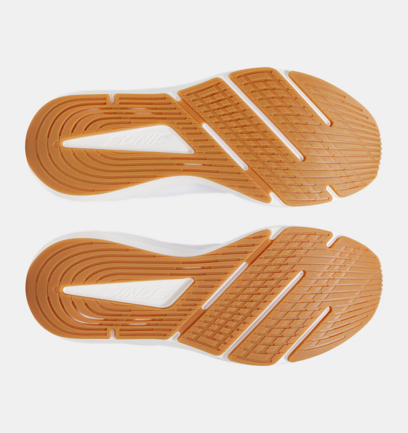 Under Armour HOVR™ Sonic 7 running shoes outsole with orange rubber traction pattern and flex grooves, bottom view.