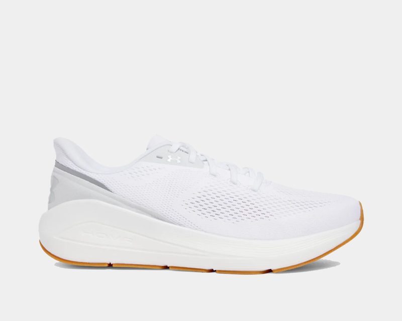 Under Armour HOVR™ Sonic 7 running shoes with white mesh upper, gray accents, cushioned midsole, and gum rubber outsole, side view.