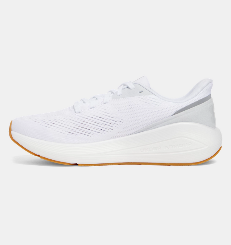 Under Armour HOVR™ Sonic 7 running shoes in white with breathable mesh upper and gum outsole, side view.