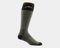 Darn Tough Hunter Over-The-Calf Extra Cushion socks in olive green and black with a ribbed design and reinforced toe and heel, side view.