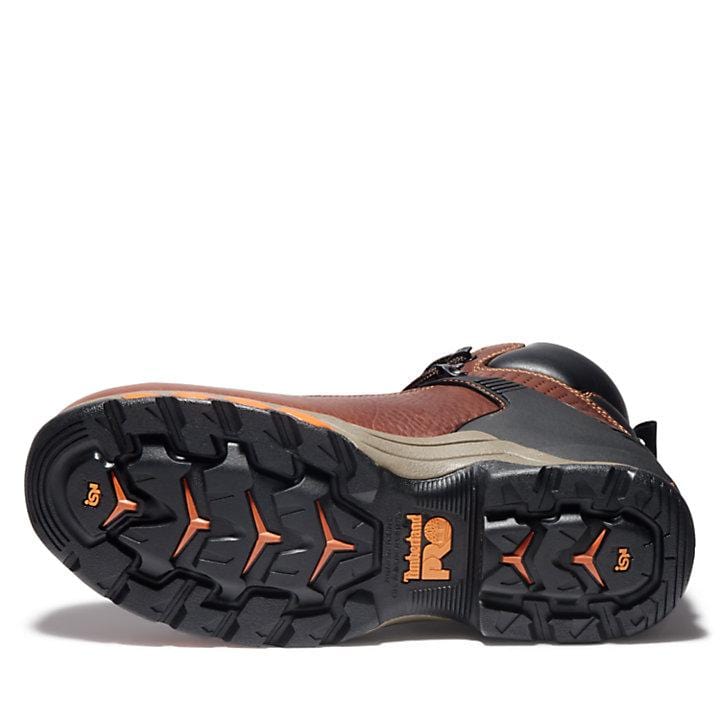 Timberland Pro Hypercharge 6" Waterproof Comp Toe Work Boots outsole with slip-resistant tread and Timberland Pro logo, bottom view.