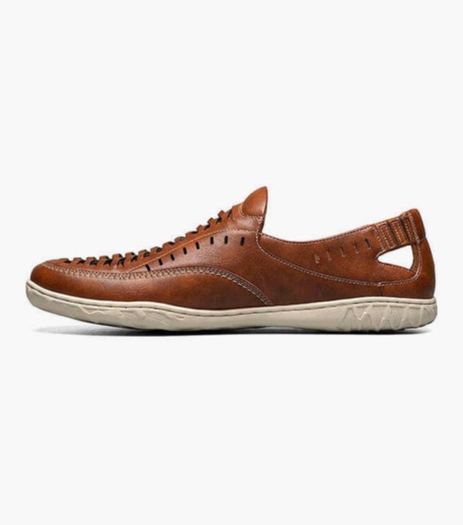 Stacy Adams Ibiza casual shoes in cognac brown leather with perforated detailing and cushioned beige sole, side view.