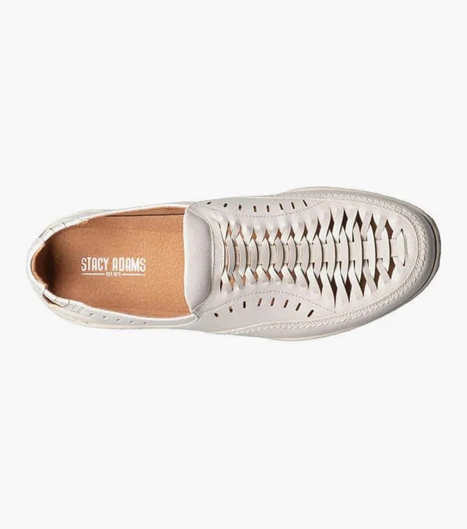 Stacy Adams Ibiza shoes in white with woven leather upper and perforated details, top view showing logo on insole.