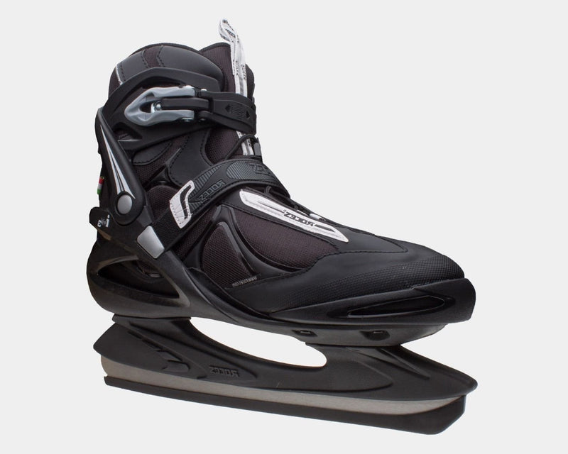 Roces ICY 3 ice skates in black with adjustable straps, padded ankle support, and stainless steel blade, side view.