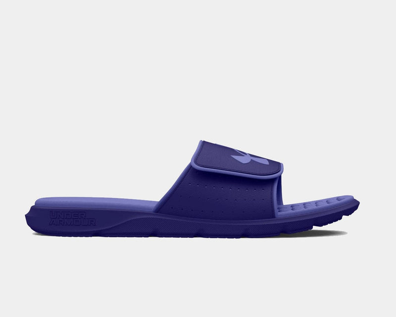 Under Armour Ignite 7 SL slides in solid purple with adjustable strap and textured footbed, side view.