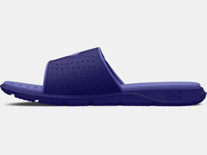 Under Armour Ignite 7 SL slide sandals in solid purple with perforated strap and cushioned footbed, side view.