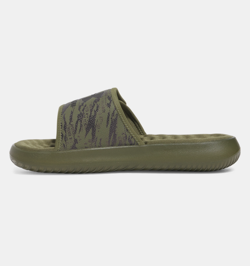 Under Armour Ignite Pro 8 Freedom Slides in olive green with camo-patterned strap and cushioned footbed, side view.