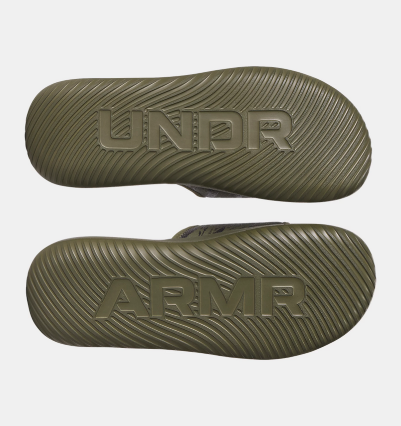 Under Armour Ignite Pro 8 Freedom Slides outsole showing embossed "UNDR ARMR" branding and textured grip in olive green.