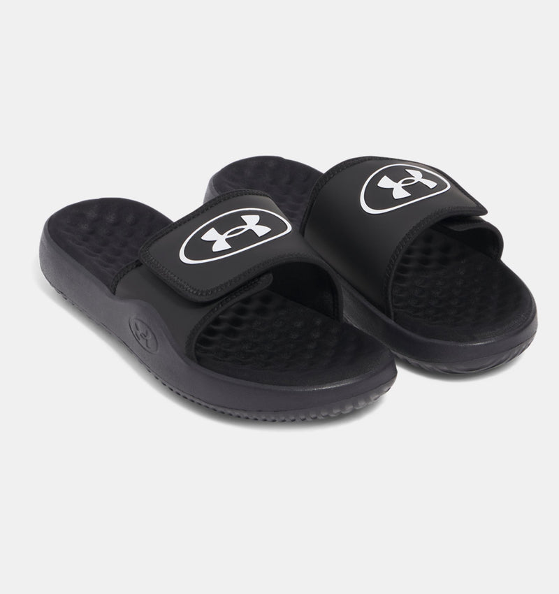 Under Armour Ignite Pro 8 slides in black with adjustable strap and textured footbed, angled front and side view.