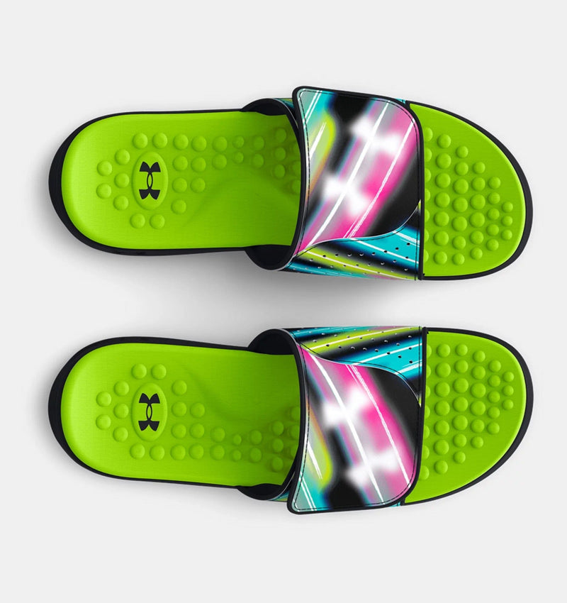 Under Armour Ignite Pro Graphic Strap Slides in neon green with multicolor graphic strap and textured insole, top view