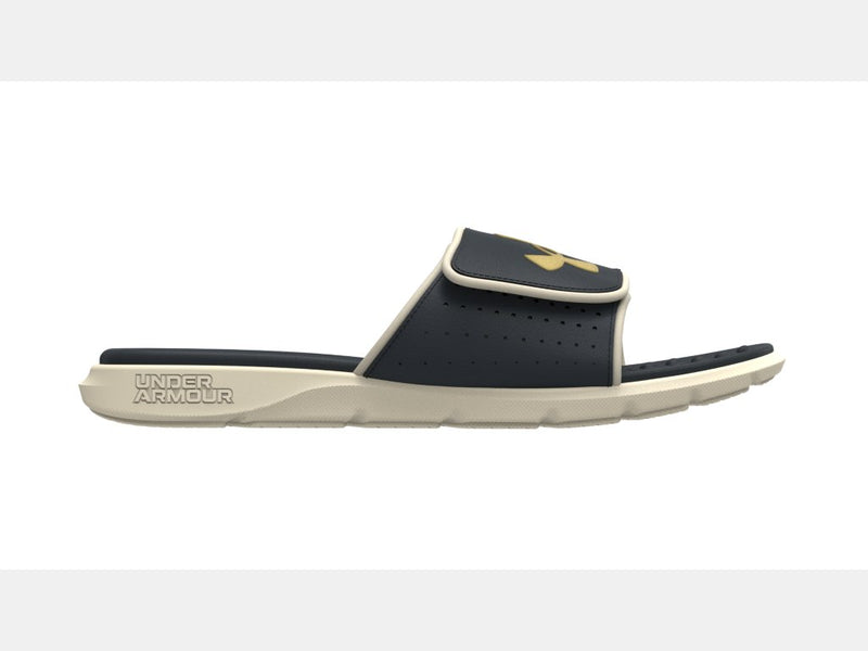 Under Armour Ignite Pro Olympus SL slides in navy blue and cream with perforated strap and cushioned sole, side view.