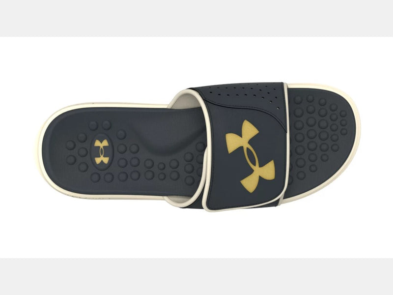 Under Armour Ignite Pro Olympus SL sandals in navy blue with gold logo, cushioned footbed, and textured sole, top view.