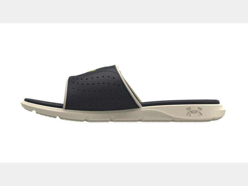 Under Armour Ignite Pro Olympus SL slides in navy blue with perforated strap and beige sole featuring logo detail, side view.