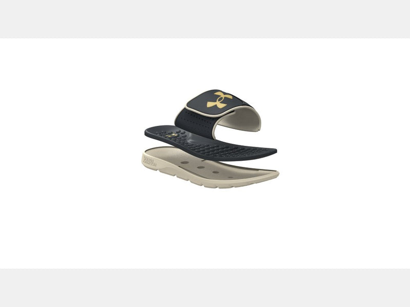 Under Armour Ignite Pro Olympus SL sandals in black and beige with gold logo and cushioned sole, exploded view showing layers.