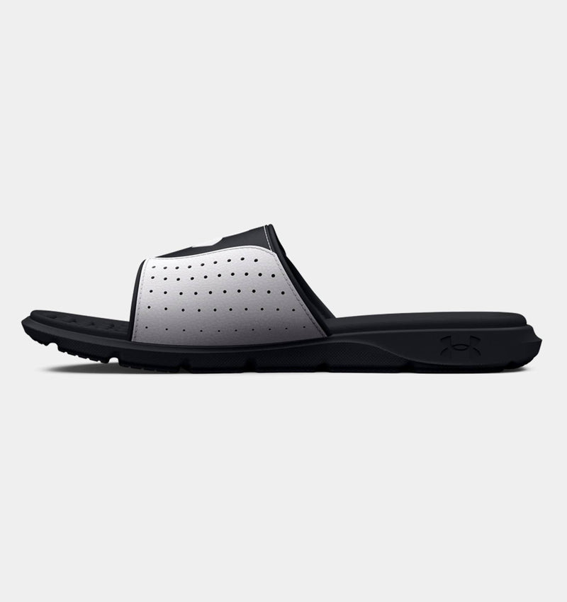 Under Armour Ignite Pro SL slide sandals with perforated silver strap and cushioned black sole, side view.