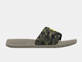 Under Armour Ignite Select Camo slide sandals, camo-pattern strap with bold yellow logo and tan cushioned sole, side view.