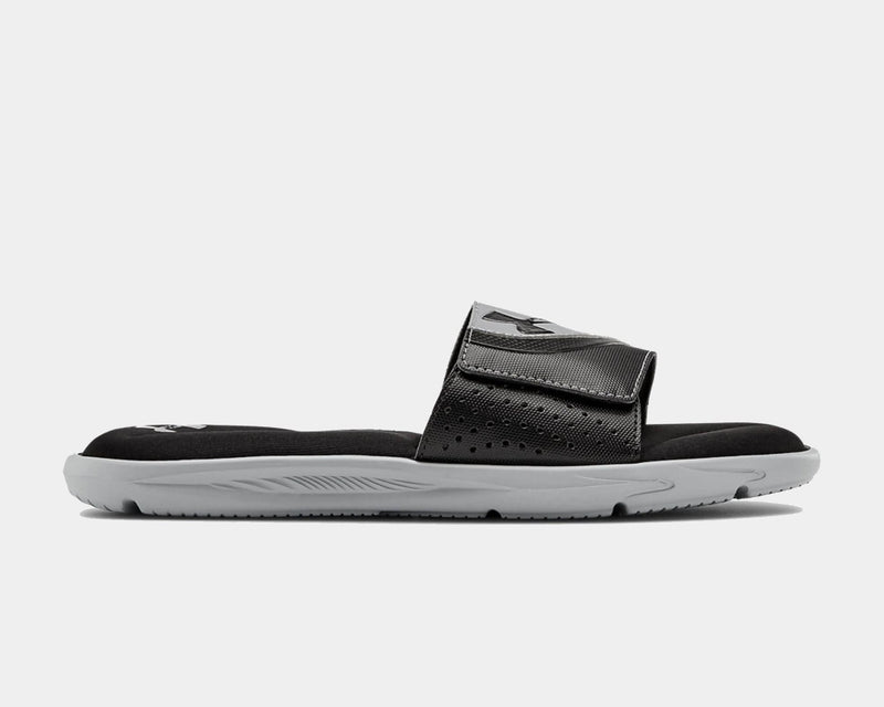 Under Armour Ignite VI SL slides in black with perforated synthetic strap and foam footbed, side view.