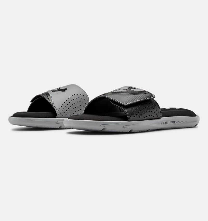 Under Armour Ignite VI SL slides in gray and black with perforated synthetic strap and cushioned footbed, angled front view.
