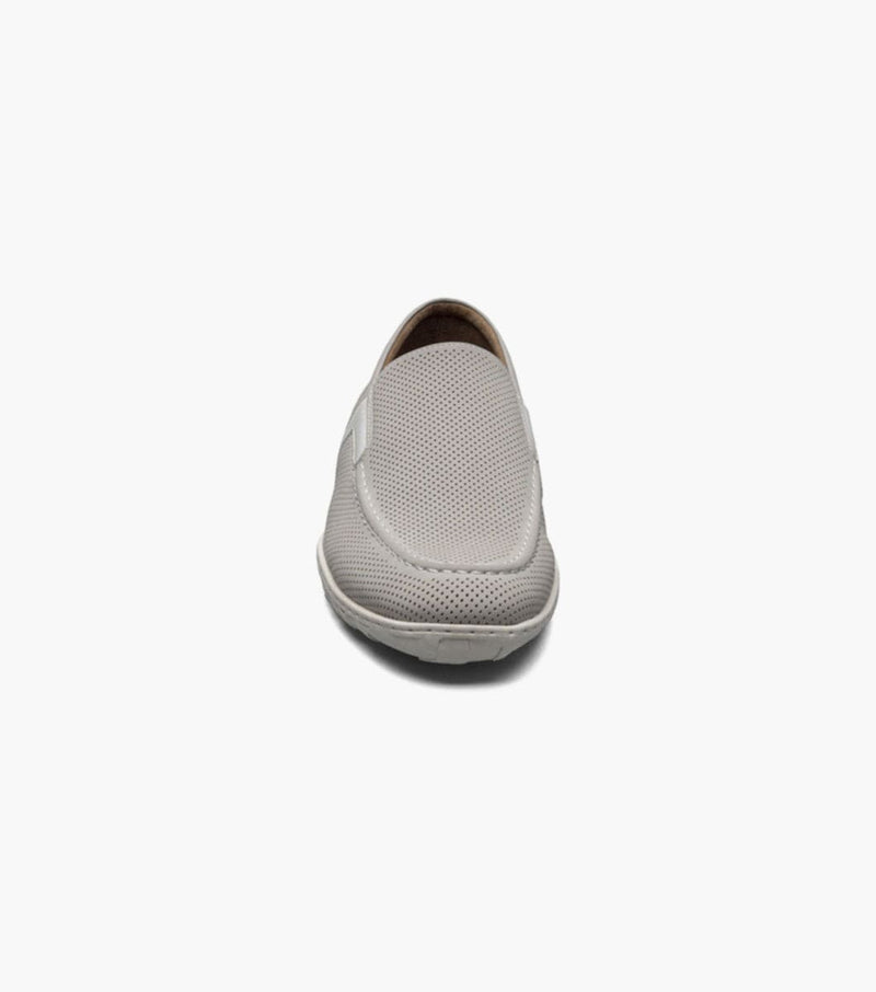 Stacy Adams Ilan loafers in light gray with perforated textured upper, front view showcasing rounded toe and slip-on design
